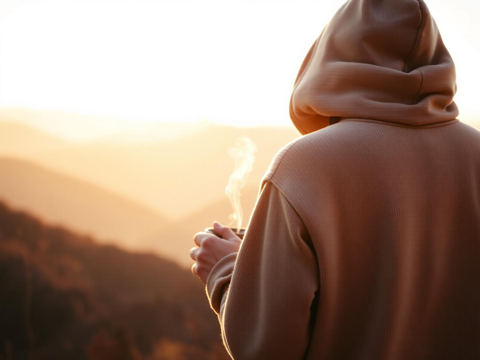 Person in a hoodie holding coffee at a mountain overlook at golden hour
