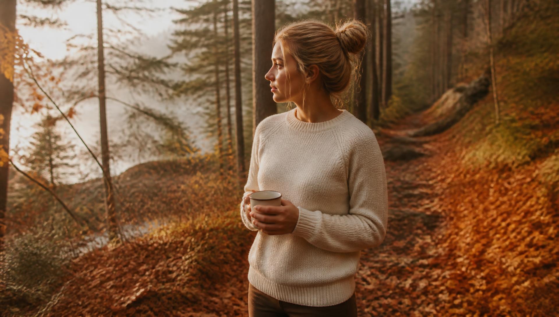 Person in a cream knit sweatshirt holding coffee on a leaf-covered forest trail at golden hour